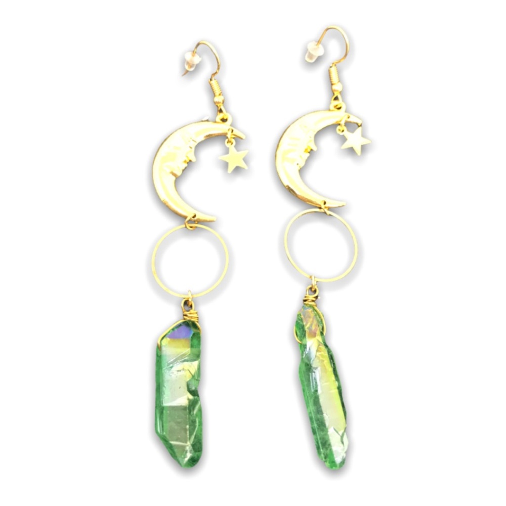 CRESCENT MOON STAR & CRYSTAL POINT EARRINGS
